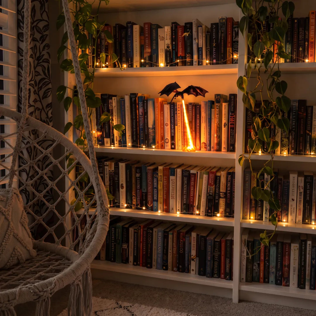 Dragon Flame Book Nook with Light | 3D Printed Mystical Dragon Bookshelf Decor๐
