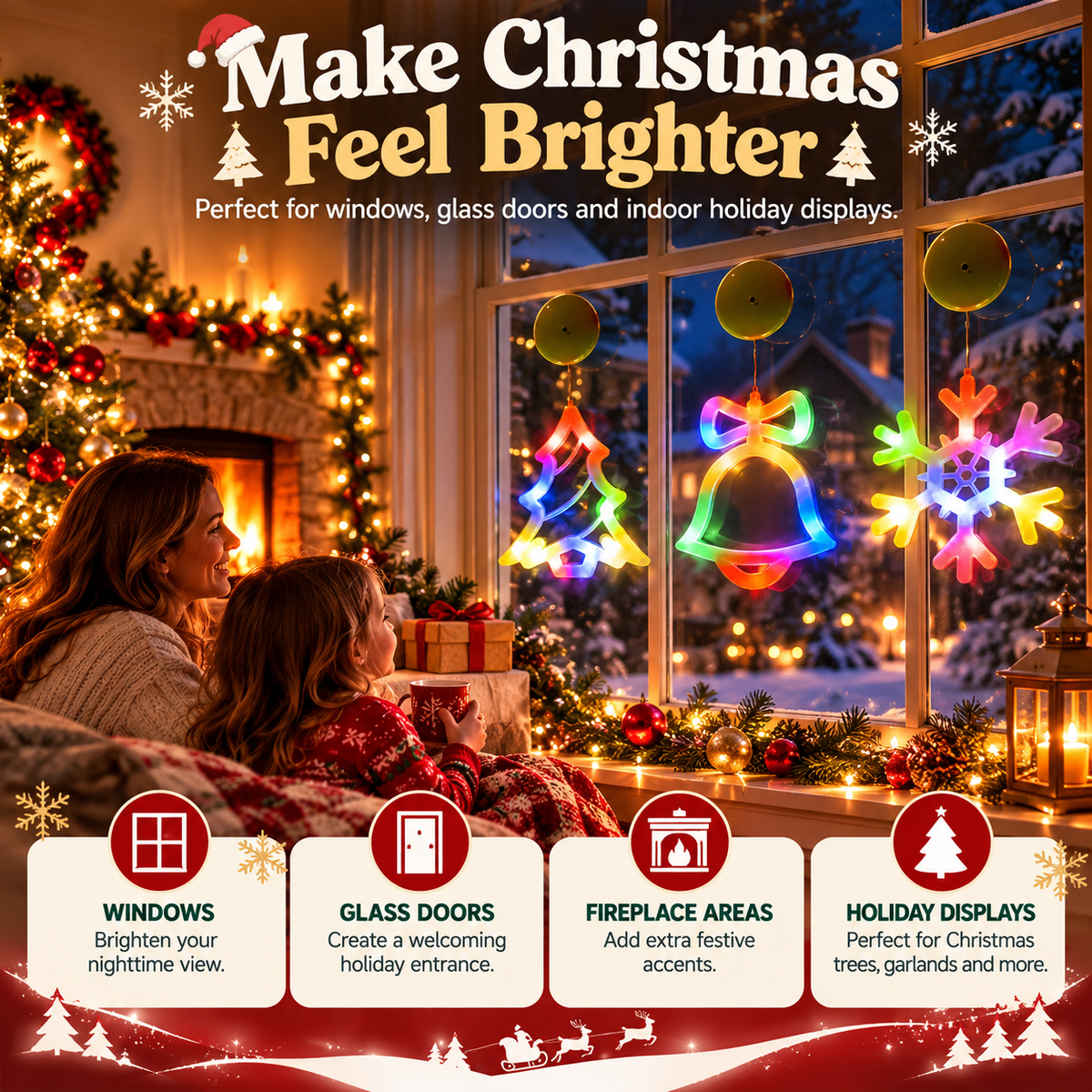 π 3-Piece Christmas Window Lights β LED Suction Cup Tree, Bell & Snowflake Decorations