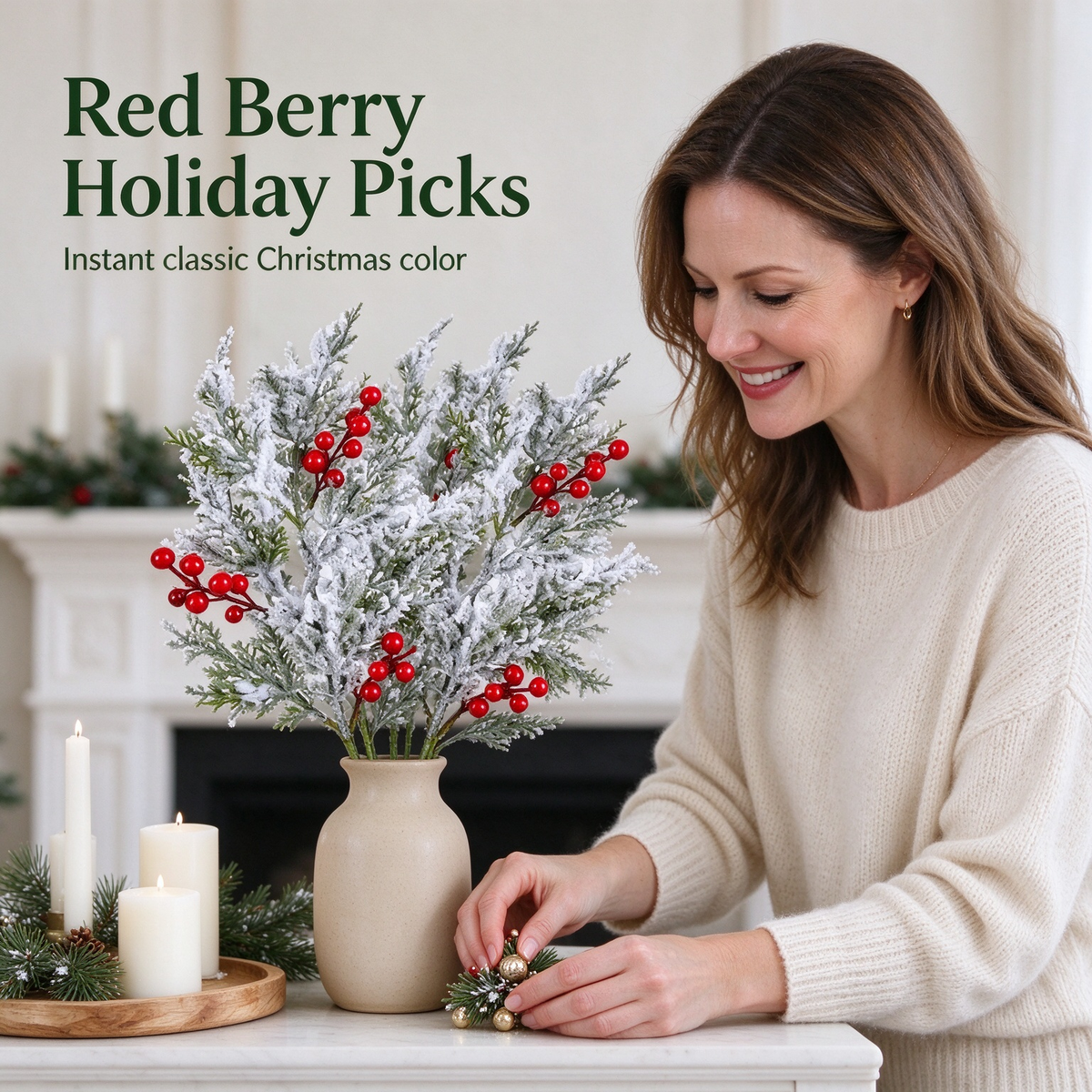 6 Pcs Artificial Frosted Christmas Pine-Cedar Stems with Red Berries, Snowy Evergreen Picks 💐