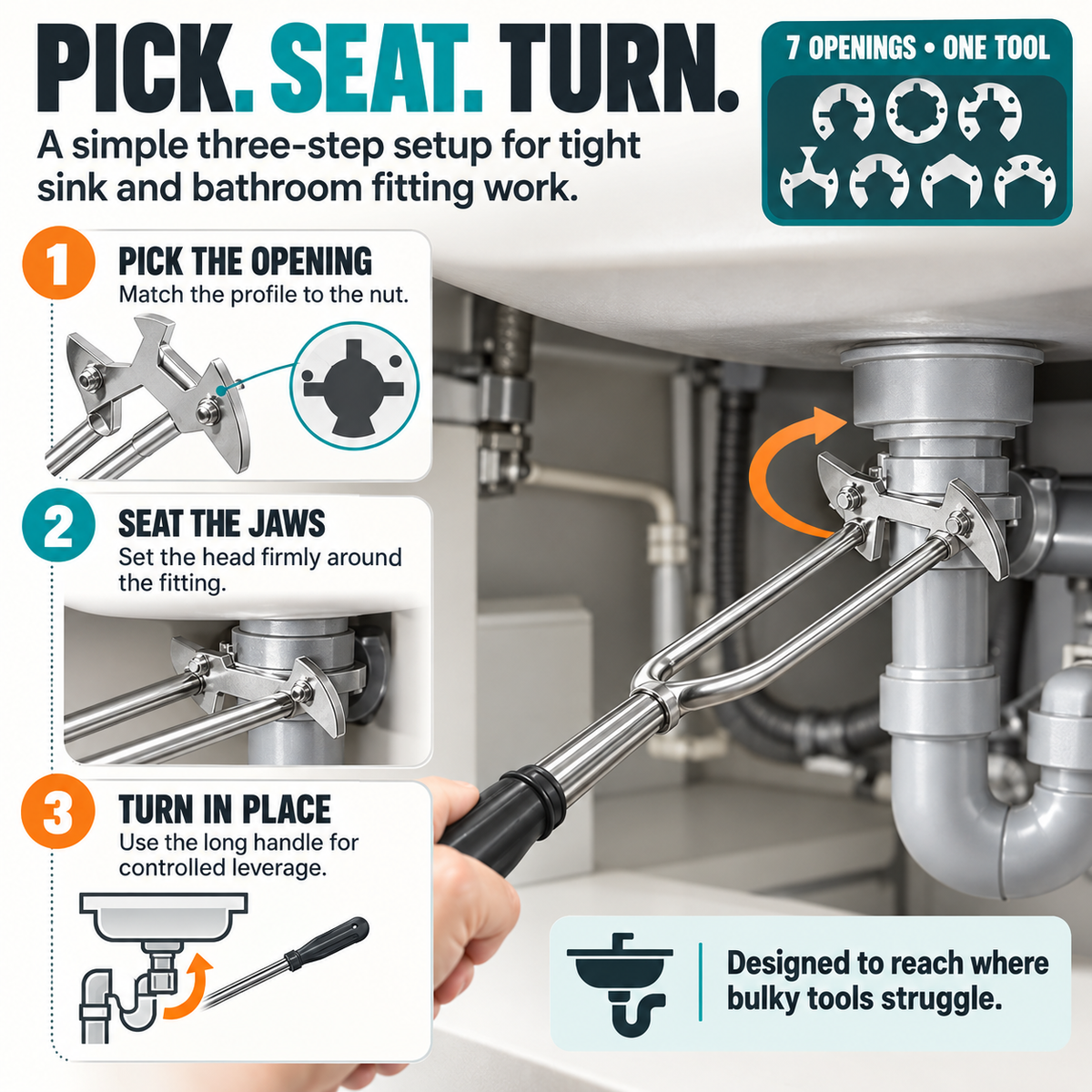 🔧 7-Opening Universal Sink & Bathroom Wrench – Stainless Steel Multi-Size Plumbing Tool for Tight Spaces