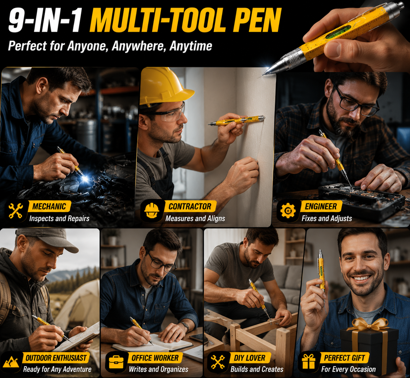 🖊️ 9-in-1 Multi-Tool Pen – LED Light, Screwdriver, Ruler & Stylus | Pocket EDC Gadget for Everyday Fixes