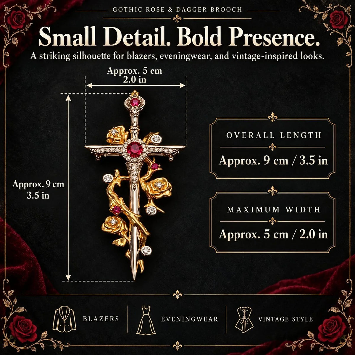 Gothic Rose & Dagger Brooch|Sculpted Golden Roses · Silver-Tone Blade· Ruby-Red Accents