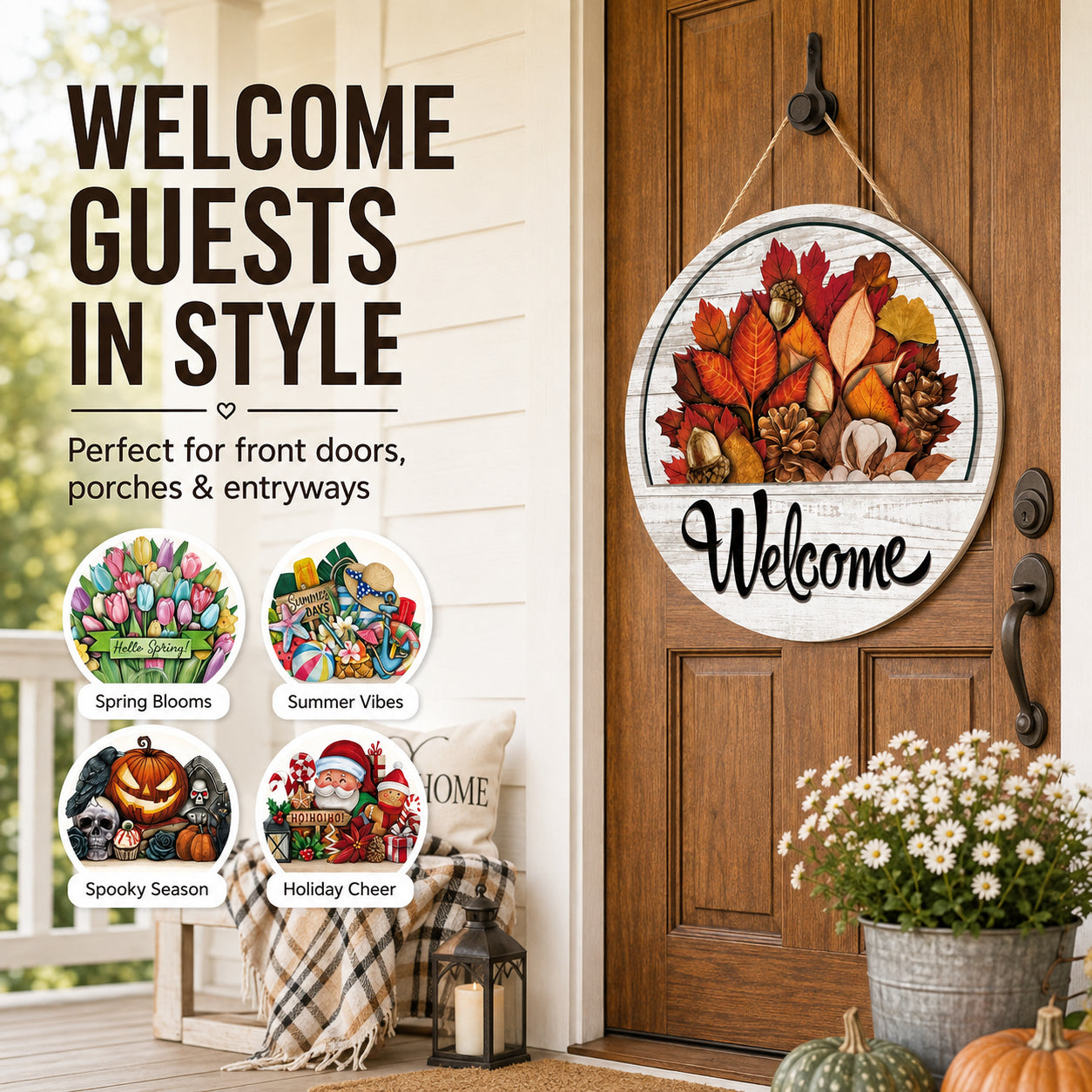🌟 16-in-1 Interchangeable Seasonal Welcome Sign for Front Door 🚪 Porch Decor & Holiday Home Decorations 🌿