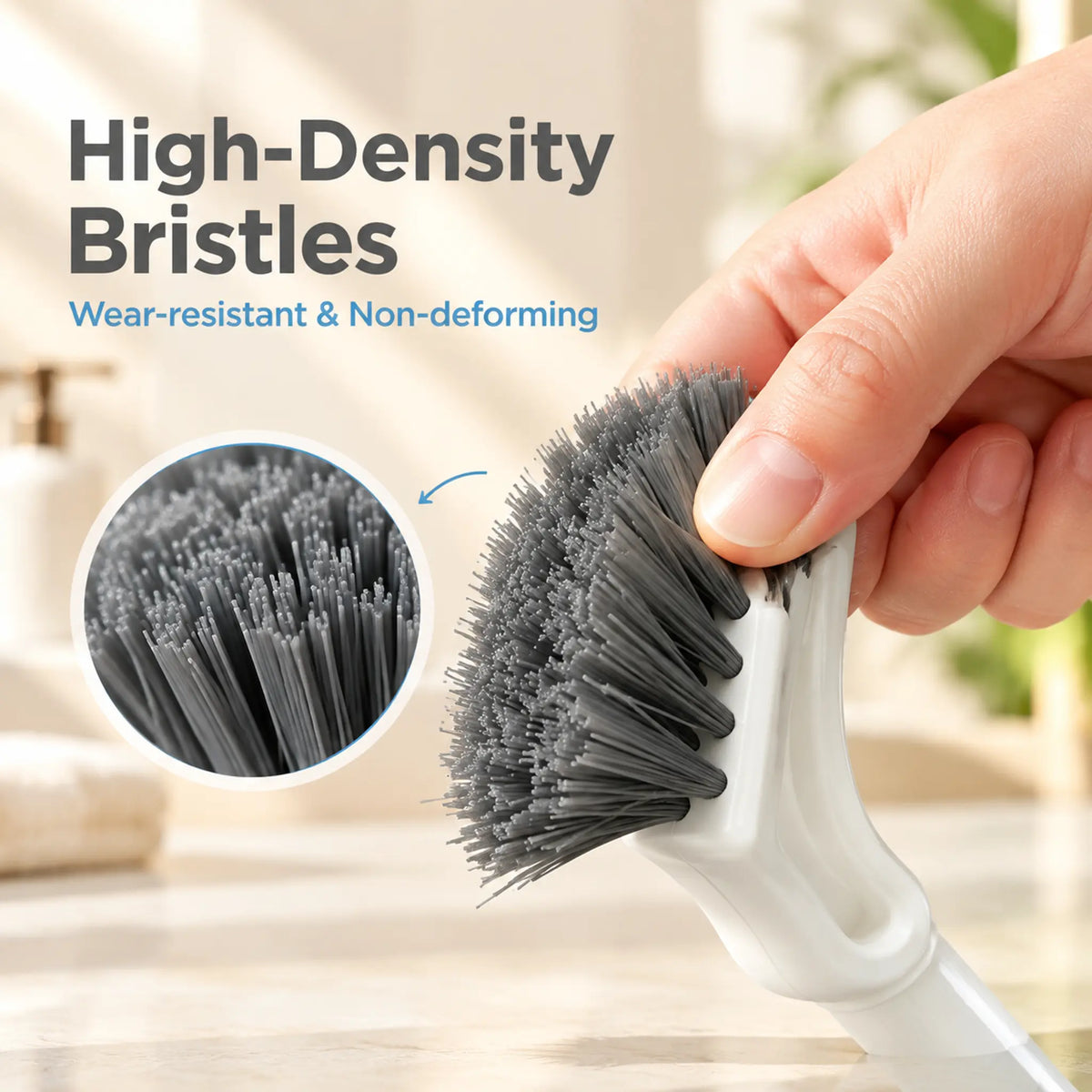 Crevice cleaning brush used in multiple household cleaning scenes