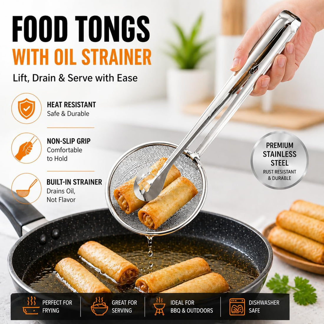 Stainless steel food tongs with integrated strainer