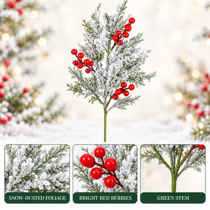 6 Pcs Artificial Frosted Christmas Pine-Cedar Stems with Red Berries, Snowy Evergreen Picks 💐
