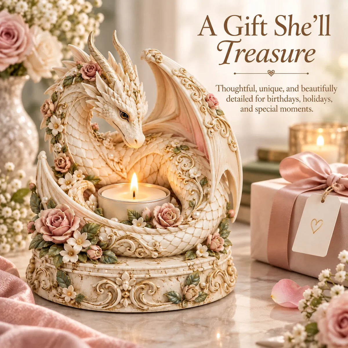 🐉 Floral White Dragon Tea Light Candle Holder