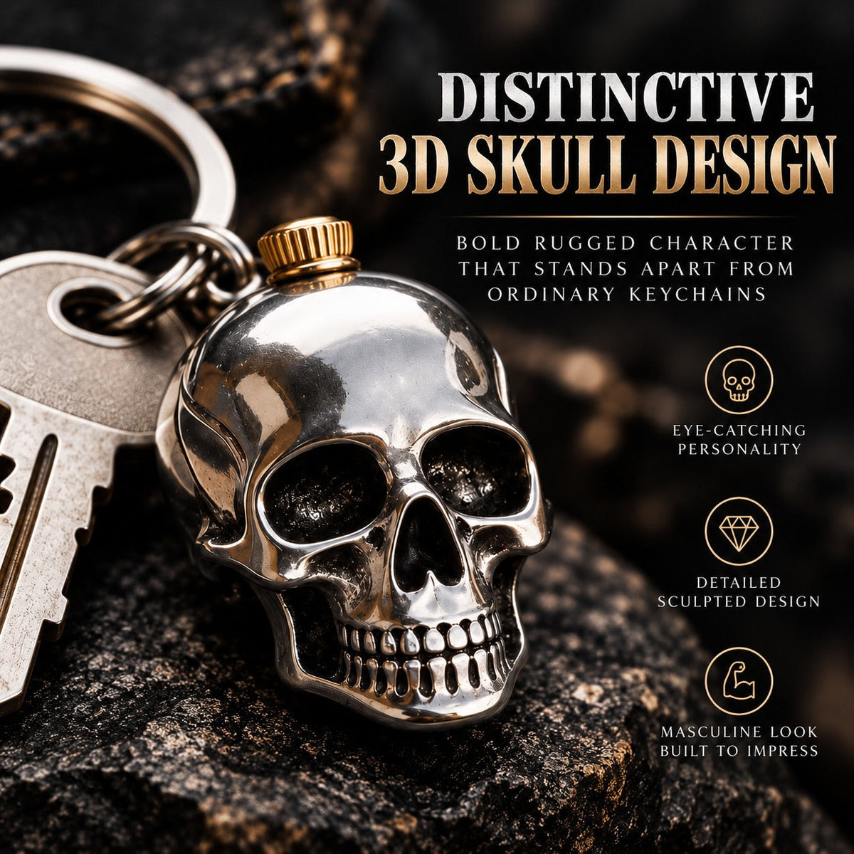 🔑 Heavy-Duty Stainless Steel Skull Keychain – Gothic Punk EDC Accessory, Durable Gift for Bikers-3 Pack