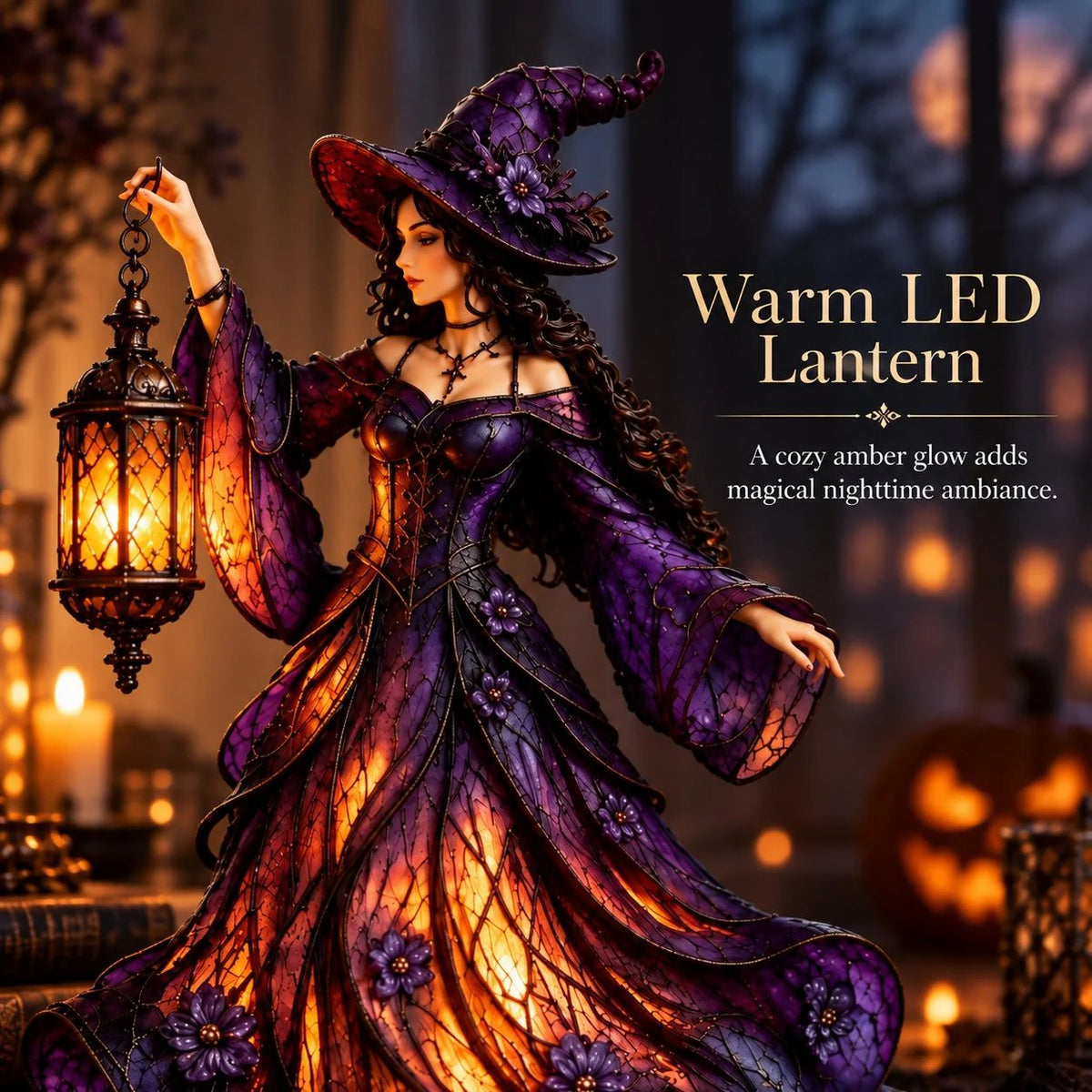 🧙 Gothic Witch Lantern Figurine | Warm LED Glow for Shelves, Mantels & Halloween Displays 🎃