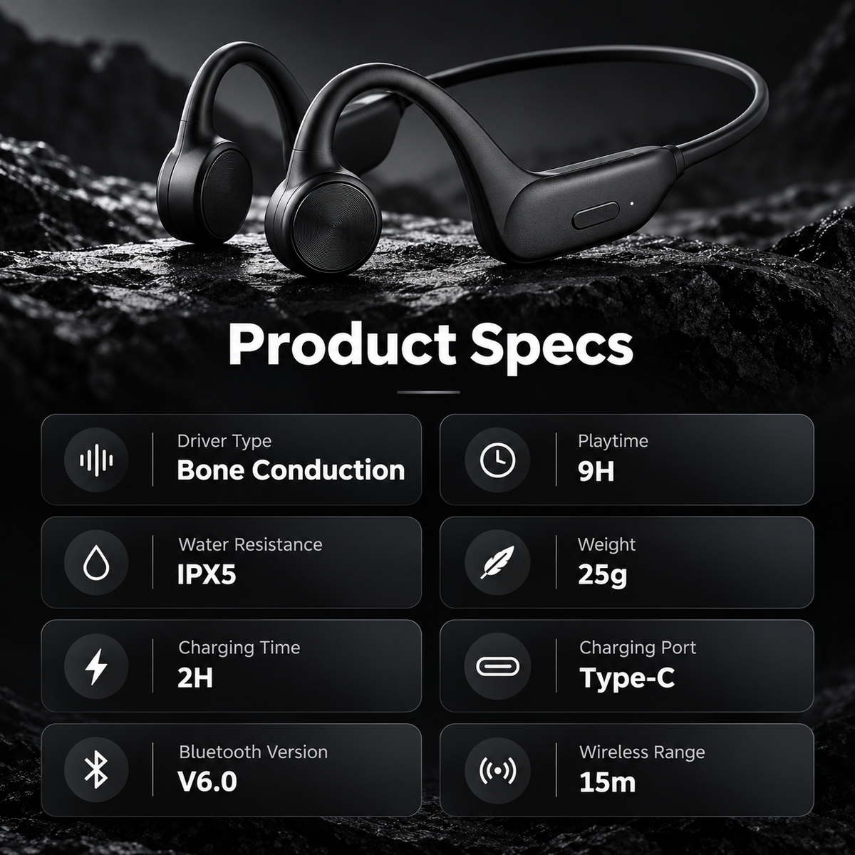 👂 Open-Ear Bone Conduction Headphones – Clear Calls, 9H Battery & Lightweight Comfort