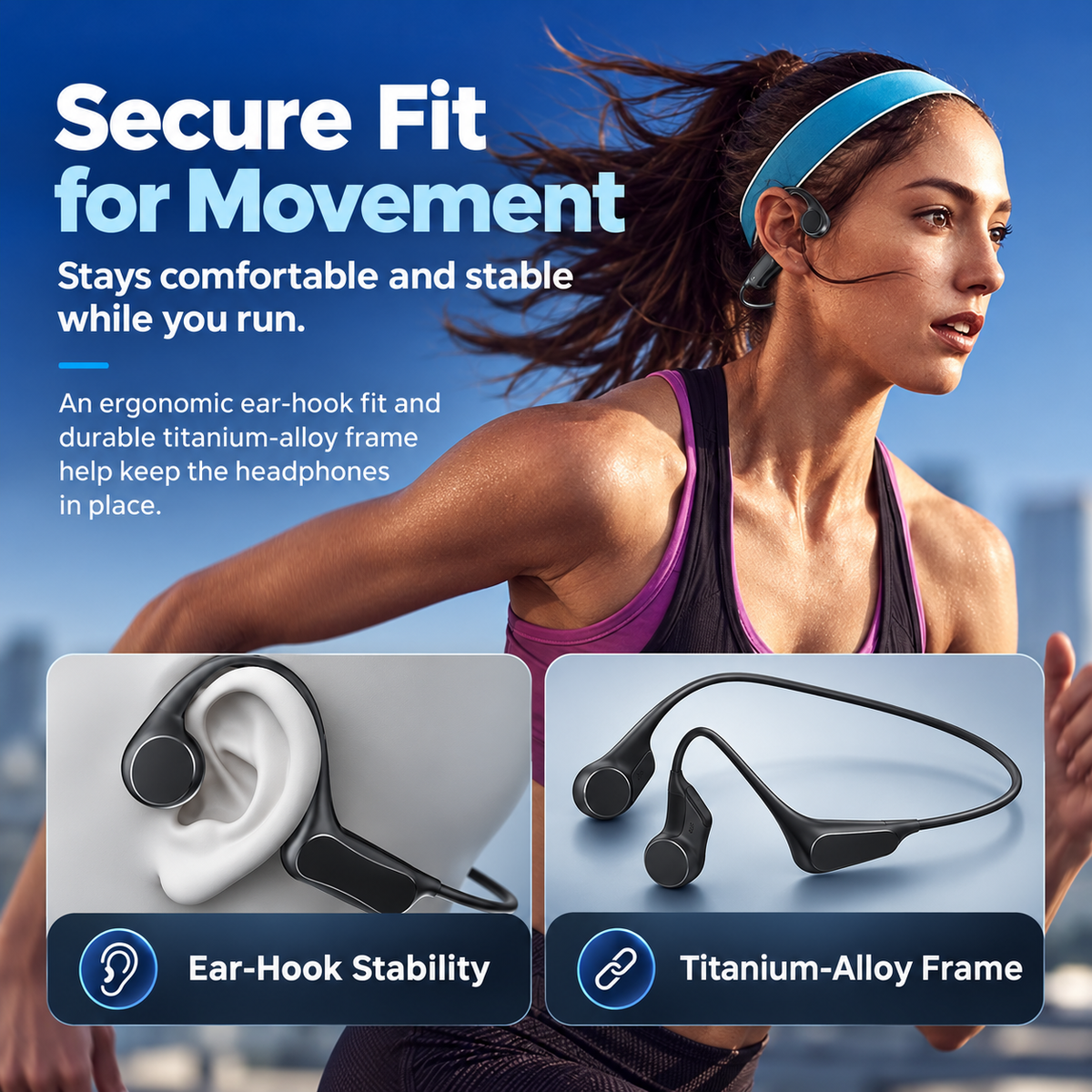 👂 Open-Ear Bone Conduction Headphones – Clear Calls, 9H Battery & Lightweight Comfort