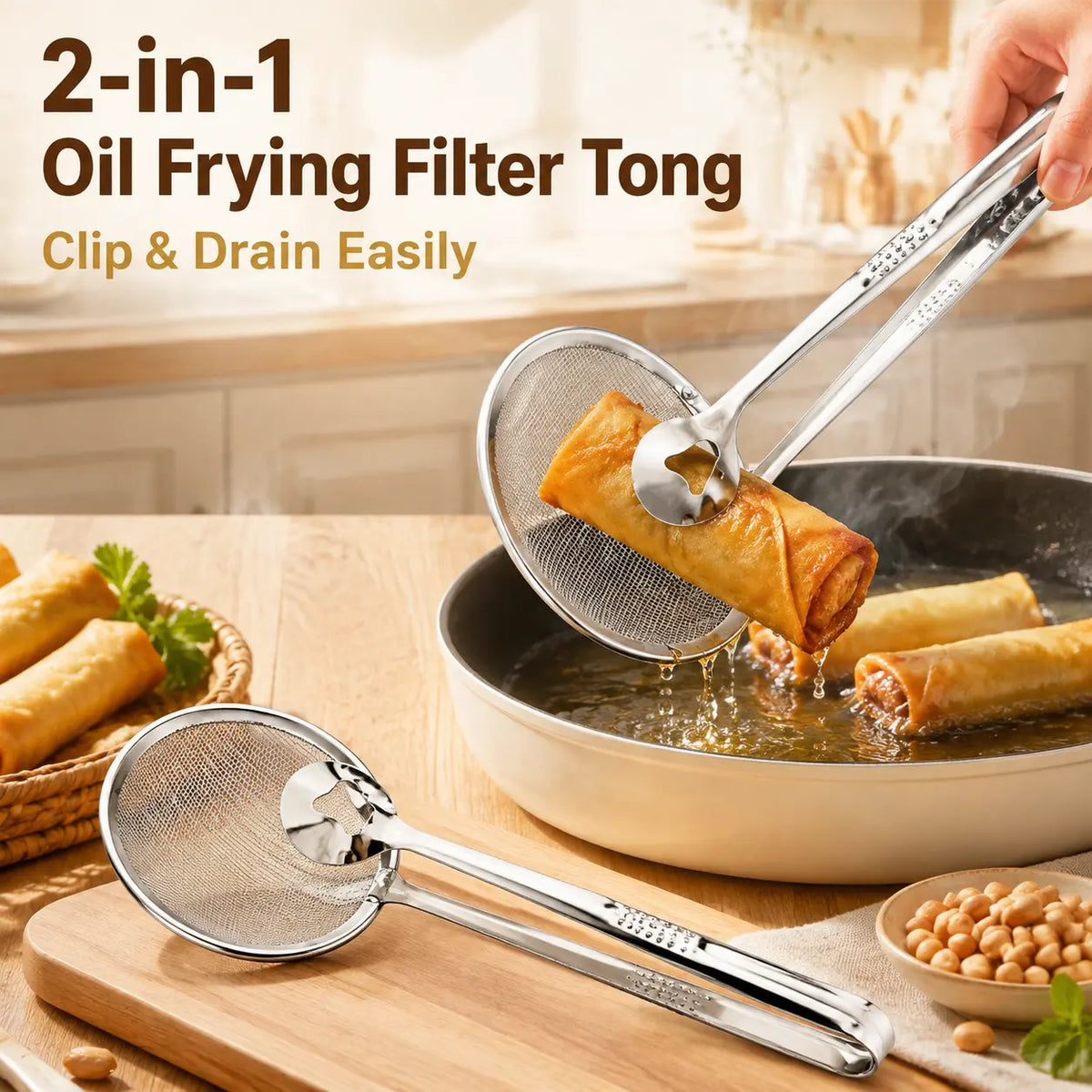 Frying tongs lifting a spring roll while excess oil drains through the built-in mesh