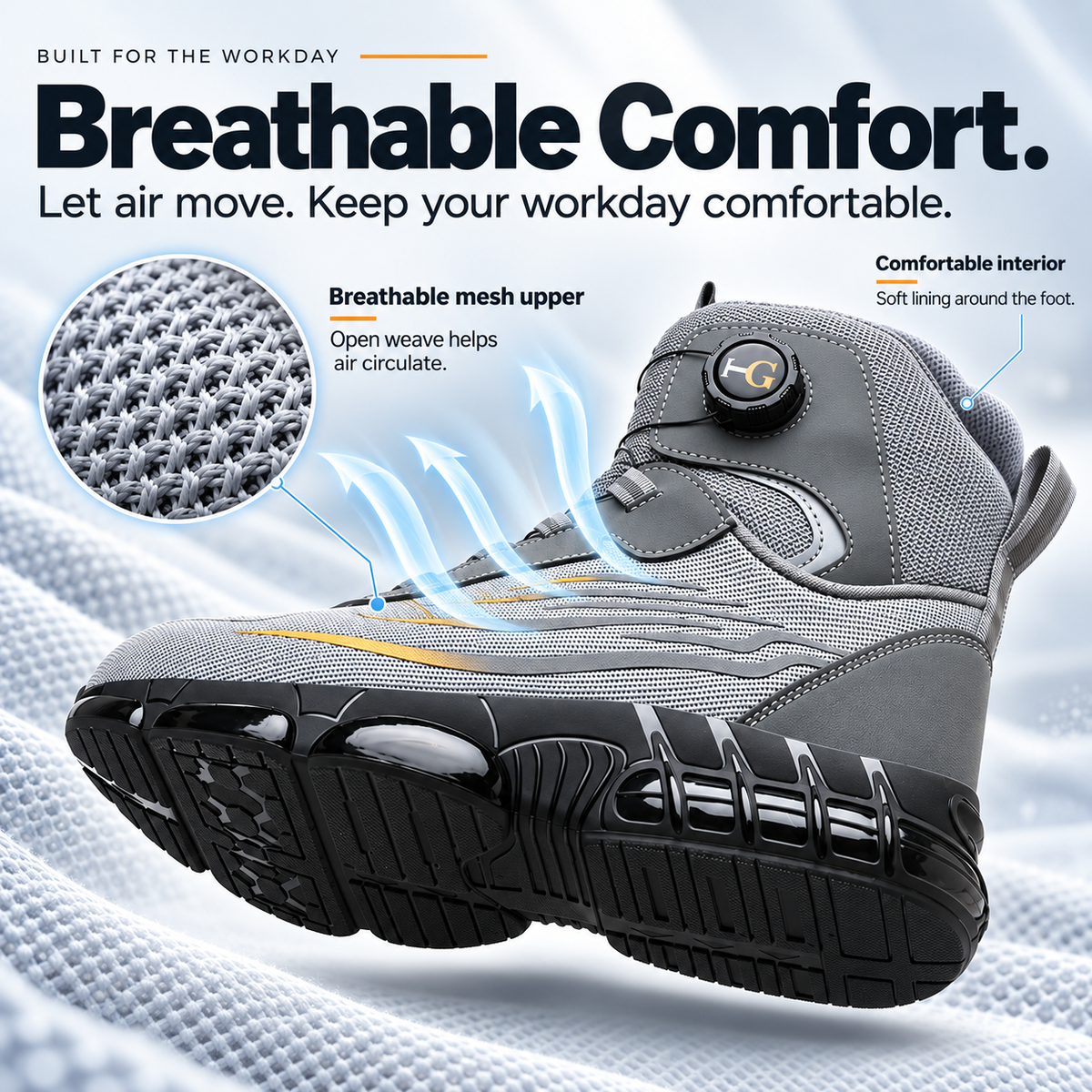 🥾 Men’s Steel Toe Work Boots – Twist-to-Fit, Breathable & Cushioned