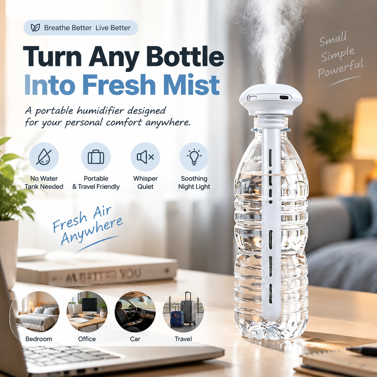 💧 Portable Bottle Humidifier | Turn Any Bottle Into A Personal Mist Maker