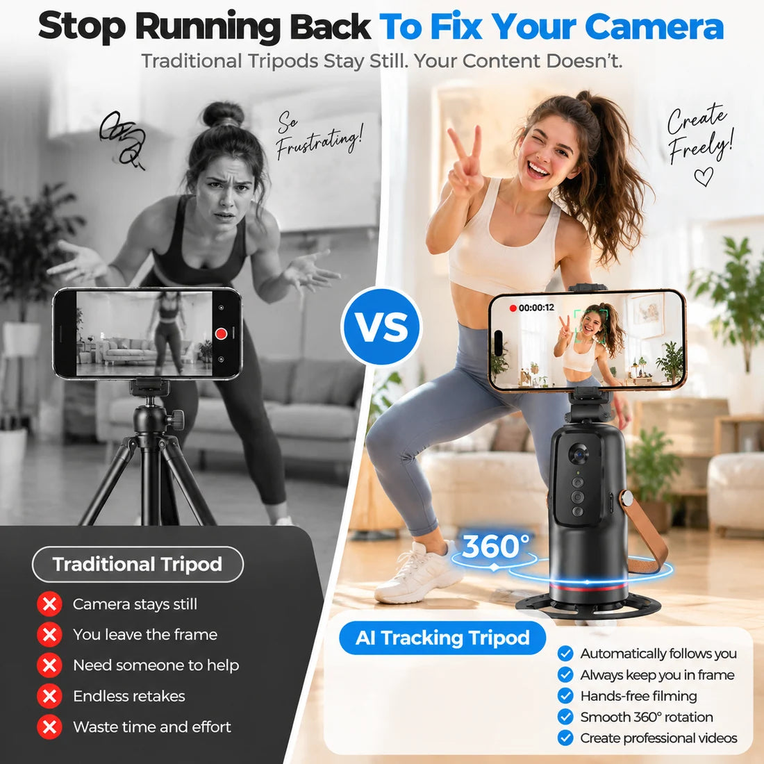 🎥 AI Face Tracking Tripod – Smart 360° Auto Tracking Phone Holder for Hands-Free Videos