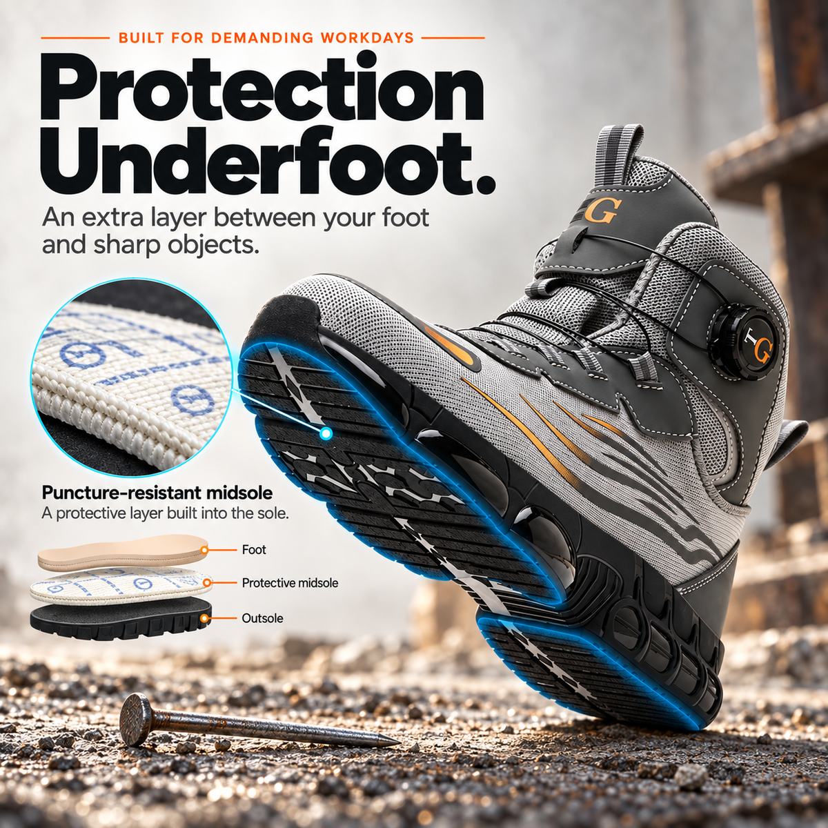 🥾 Men’s Steel Toe Work Boots – Twist-to-Fit, Breathable & Cushioned