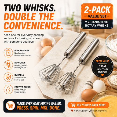 🥚 2-Pack Hand-Push Rotary Whisk – Press, Spin & Mix with Ease
