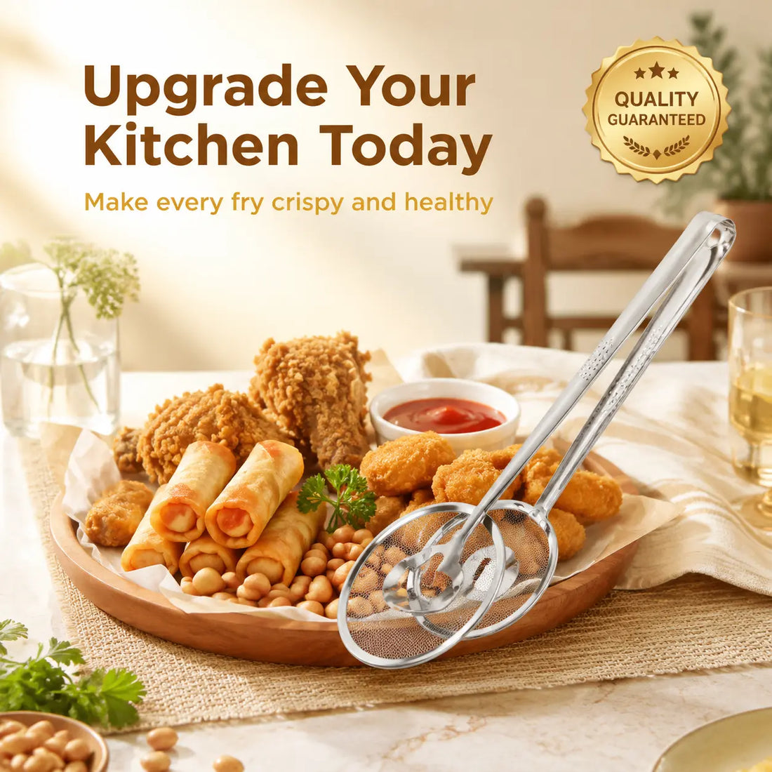 Frying strainer tongs beside a platter of fried food