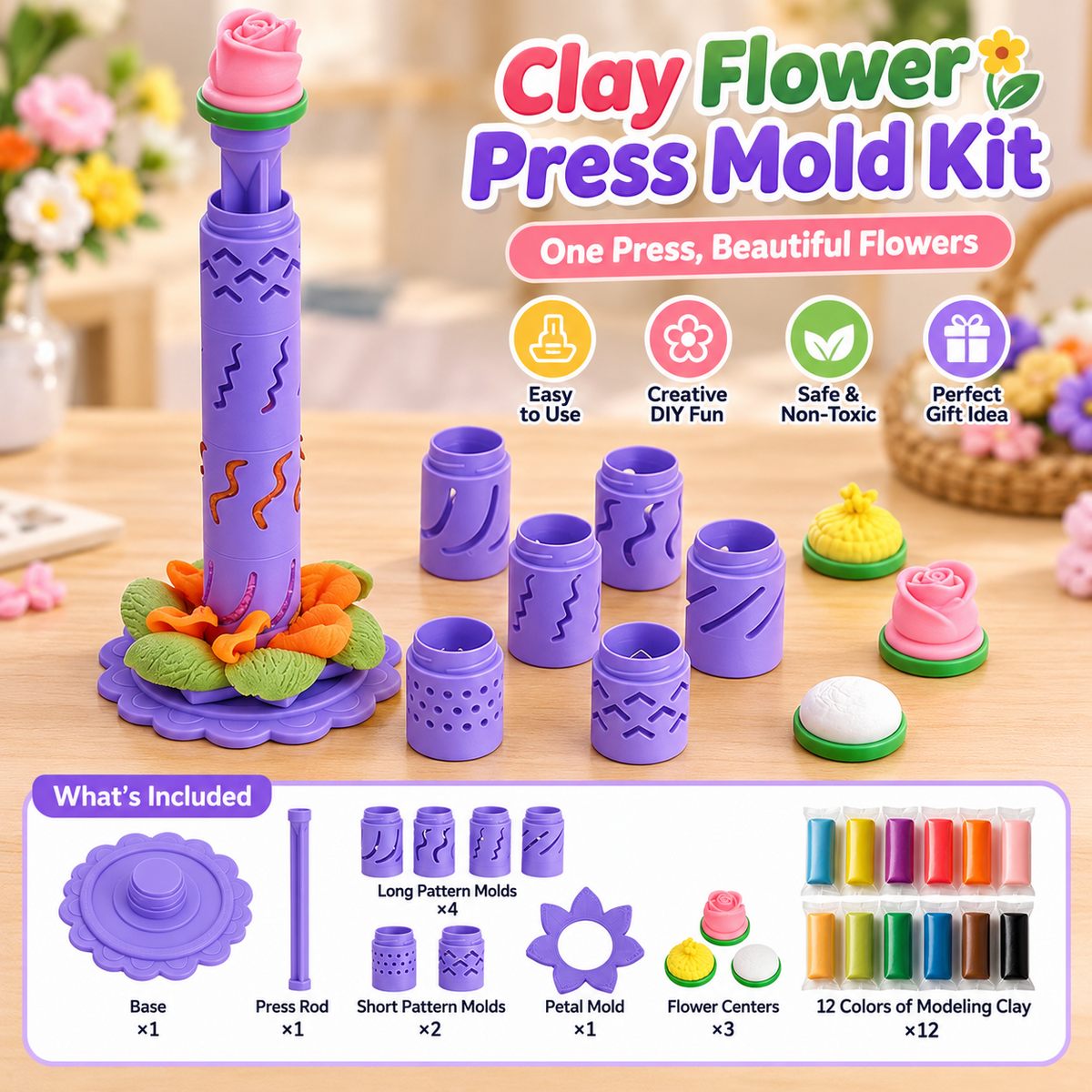 💐 DIY Clay Flower Bouquet Kit – Comes With 12 Colors of Modeling Clay FREE
