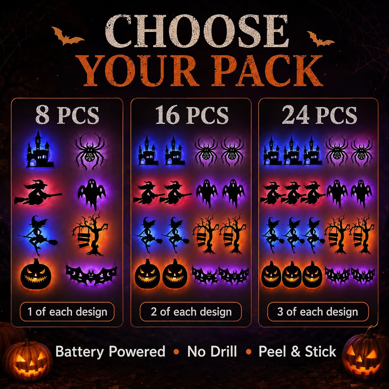 🔥Last Day 50% OFF - 🎃8 Pack Halloween LED Silhouette Wall Light Stickers, Battery Powered Peel & Stick Decor Lights