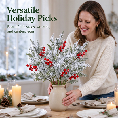 6 Pcs Artificial Frosted Christmas Pine-Cedar Stems with Red Berries, Snowy Evergreen Picks 💐