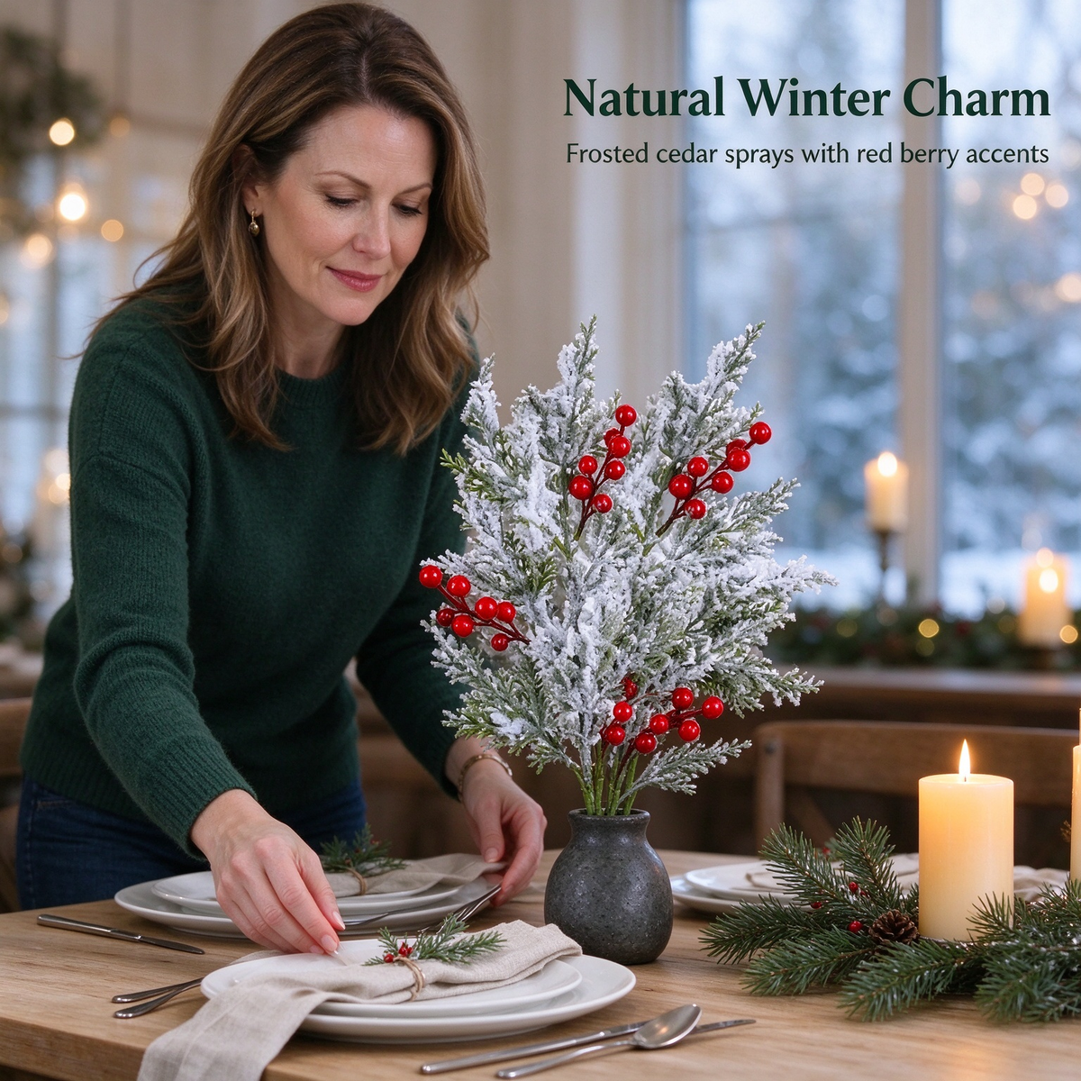 6 Pcs Artificial Frosted Christmas Pine-Cedar Stems with Red Berries, Snowy Evergreen Picks 💐