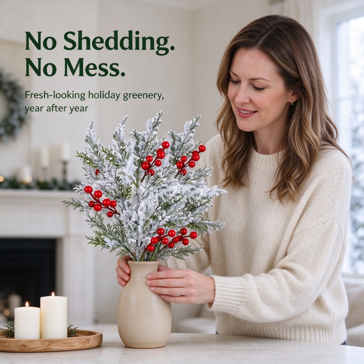 6 Pcs Artificial Frosted Christmas Pine-Cedar Stems with Red Berries, Snowy Evergreen Picks 💐