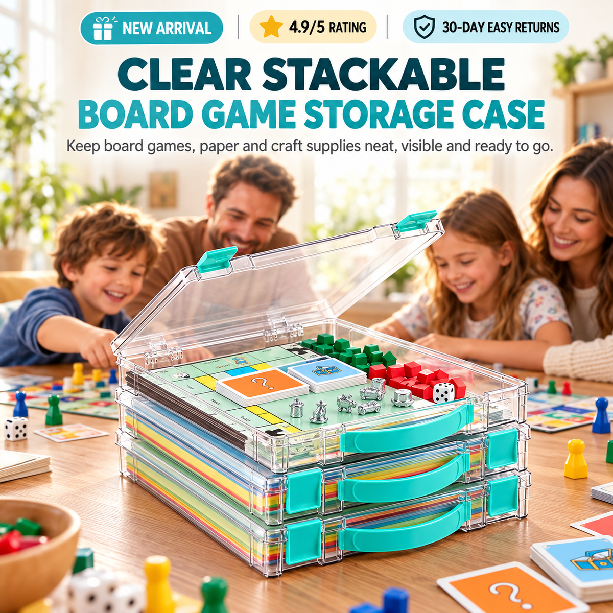 Clear Stackable Board Game Storage Case – Organize Games, Puzzles & Crafts with Ease