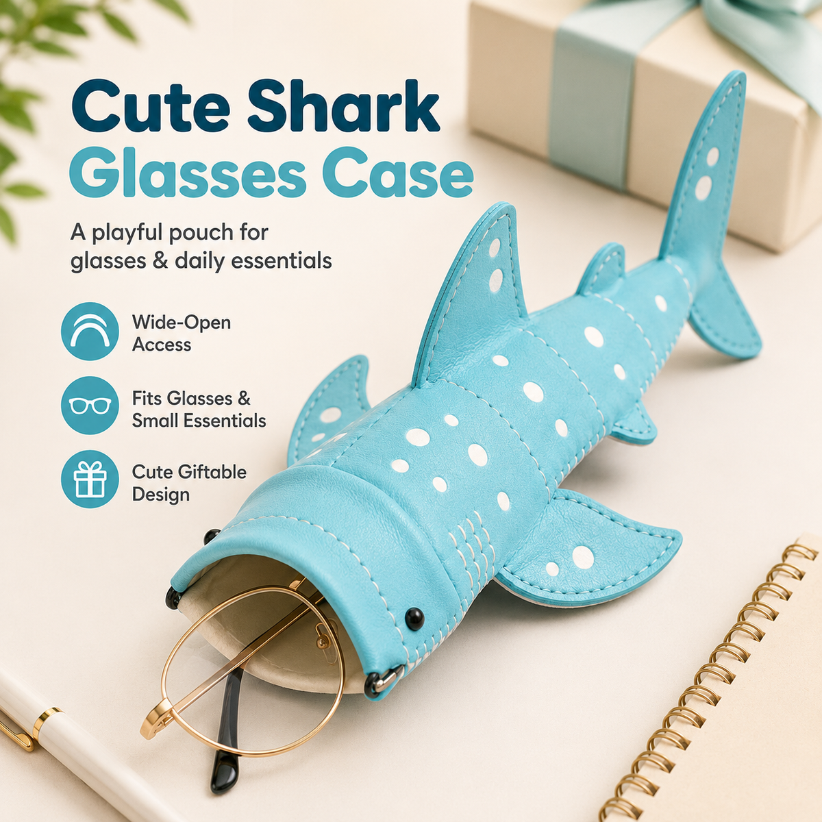 Cute blue shark wide-mouth glasses case