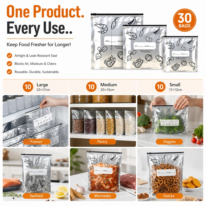 🛡️🥬 Reusable thickened upright aluminum foil sealing storage bags with label