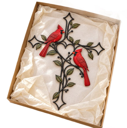 ❤️ Love Stays Close – Cardinal Heart Cross Wall Decor