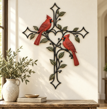 ❤️ Love Stays Close – Cardinal Heart Cross Wall Decor