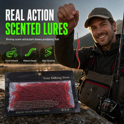 📢📢Simulation Earthworm Soft Fishing Lures Shrimp Scented Artificial Worm Baits for Freshwater and Saltwater Pack of 50 or 100