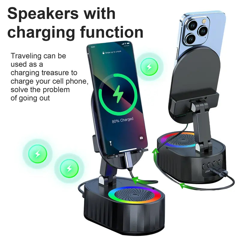 5-in-1 Wireless Induction Speaker Phone Stand – No Bluetooth Needed, LED Lights & Phone Charging