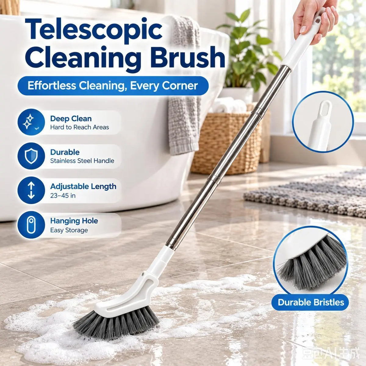 Adjustable telescopic cleaning brush with hanging hole storage design