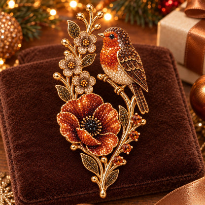 🐦 Robin & Poppy Crystal Vintage Brooch | Holiday Bird Jewelry