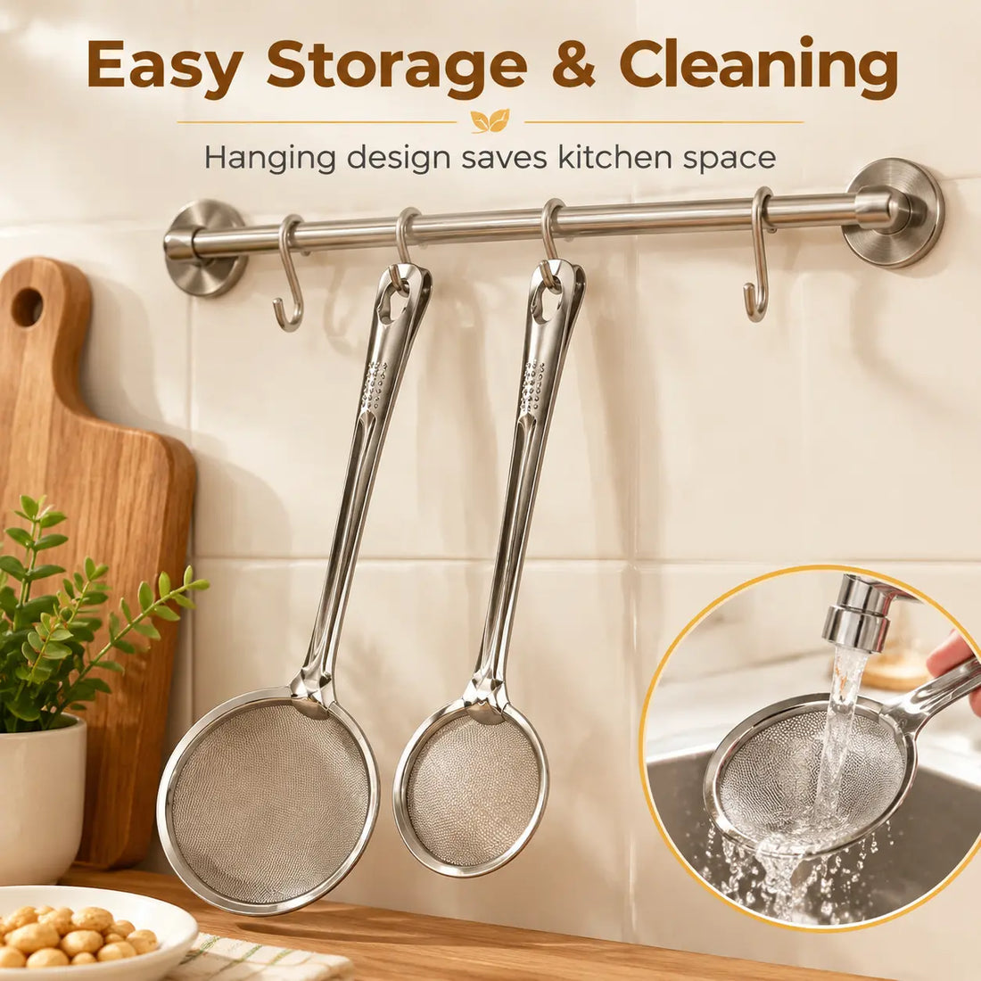Hanging storage and cleaning of frying tongs