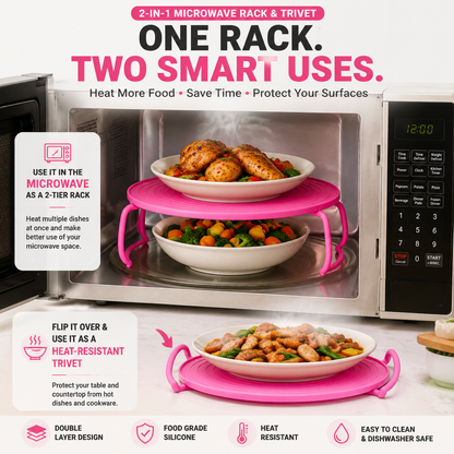 🍽️ 2-in-1 Microwave Rack & Heat-Resistant Trivet – Double Your Microwave Space & Protect Your Table
