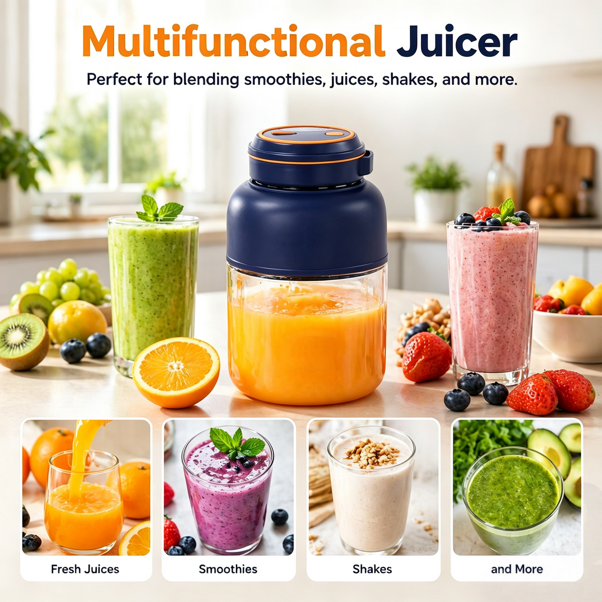 Portable blender shown with juice, smoothie and shake serving ideas