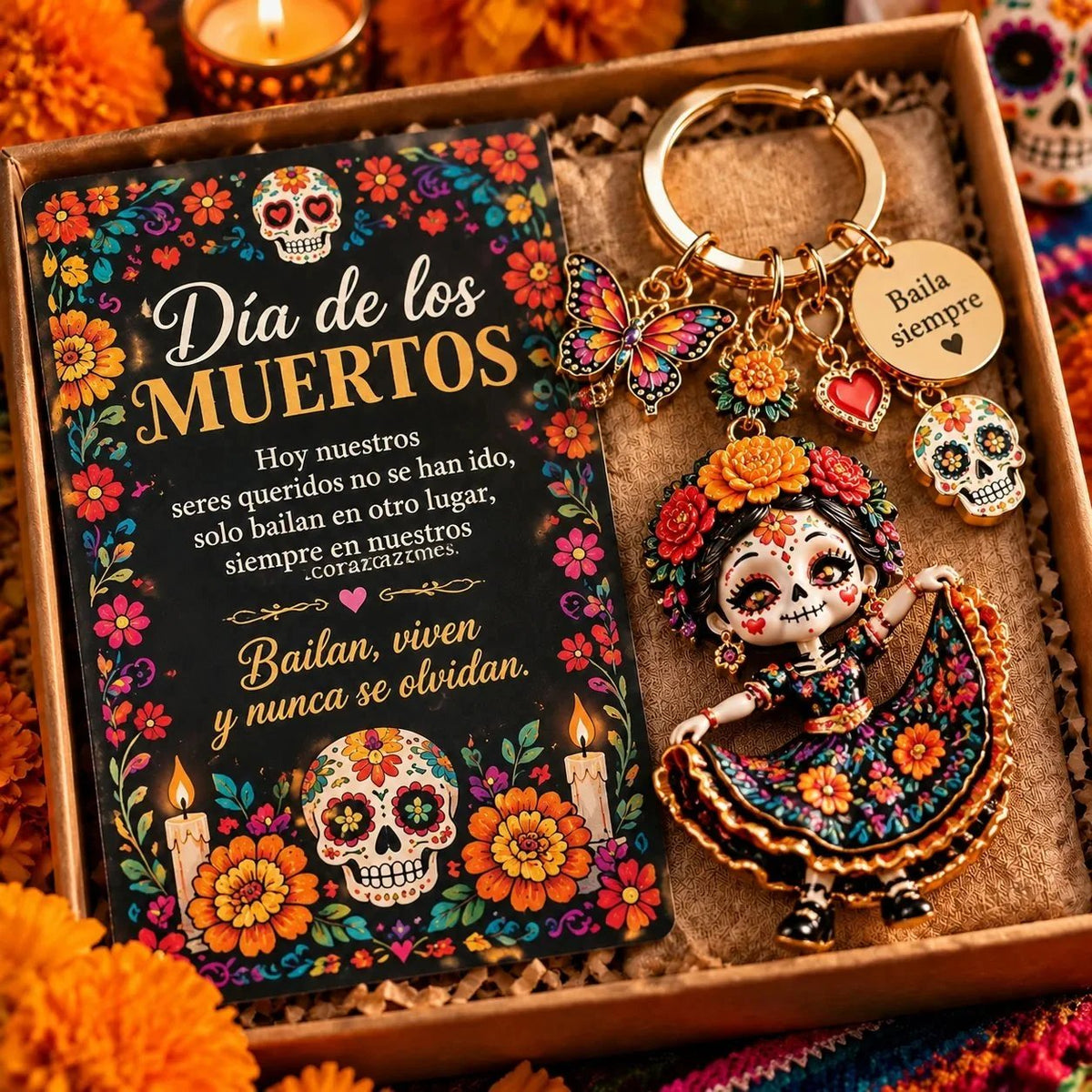 🌼 Día de Muertos Charm Keychain | 4 Colorful Floral & Skull-Inspired Styles 🎁