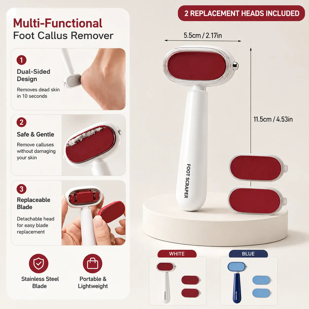 Wide head ergonomic foot callus remover dimensions