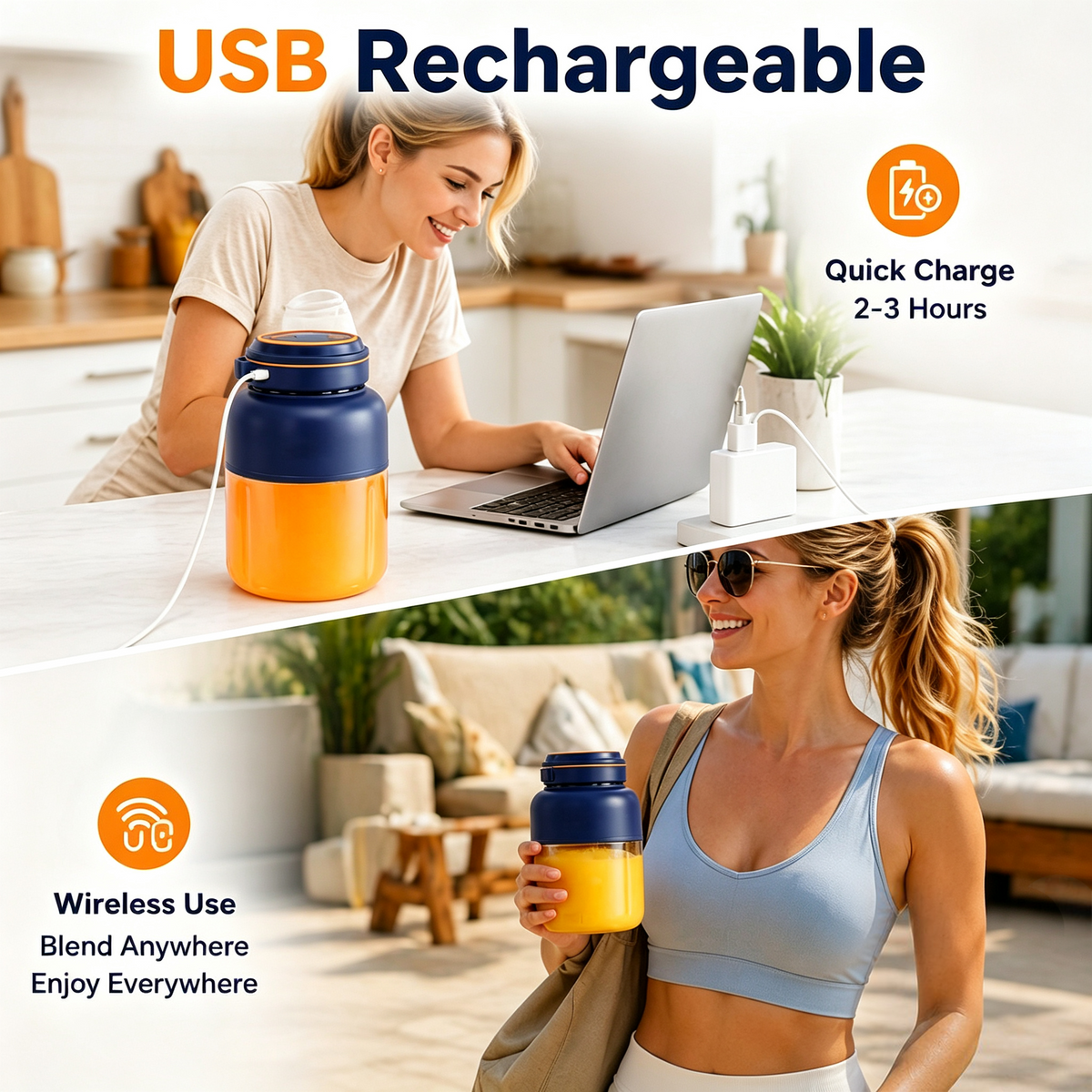 Portable blender being charged by USB and carried on the go