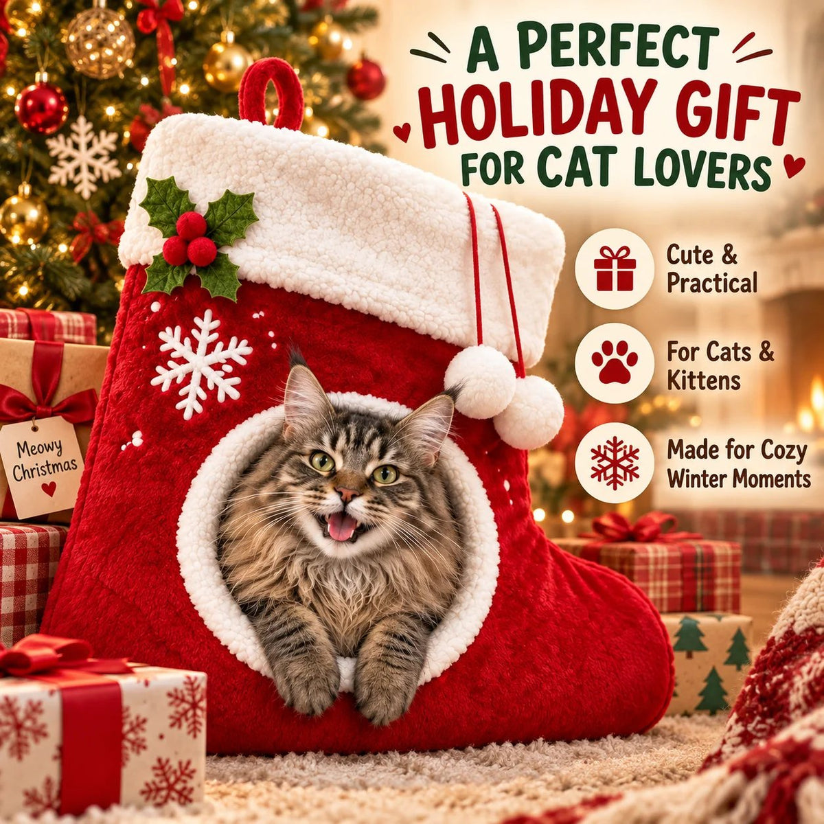 🎄 Christmas Stocking Cat Bed – Ultra-Soft Sherpa Cozy Hideaway for Cats 🐱