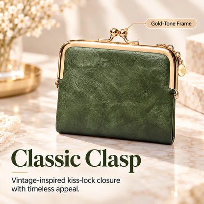 👛 Vintage Kiss-Lock Folding Wallet: Premium Leather, Compact & Chic