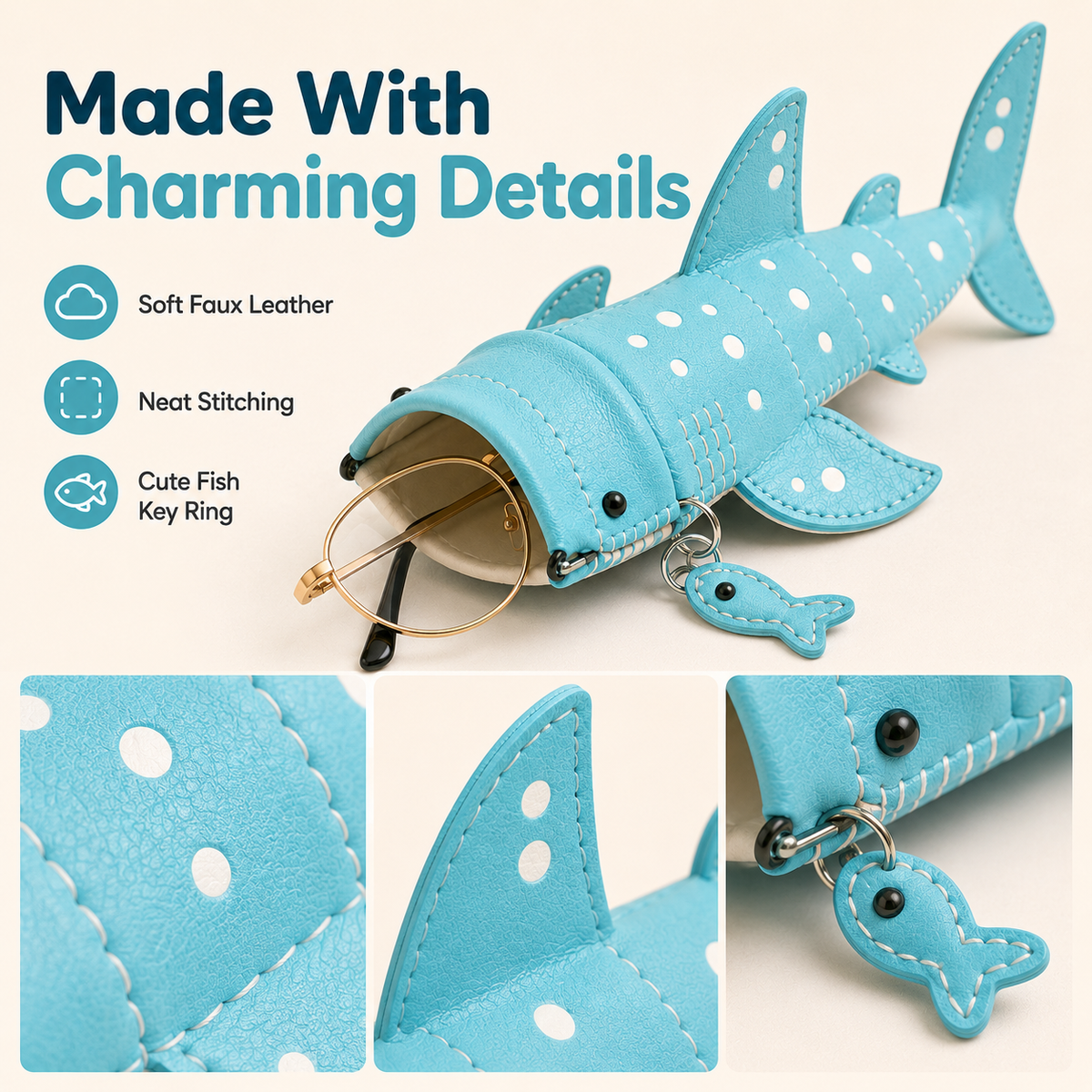 Close-up details of shark glasses case stitching and key ring