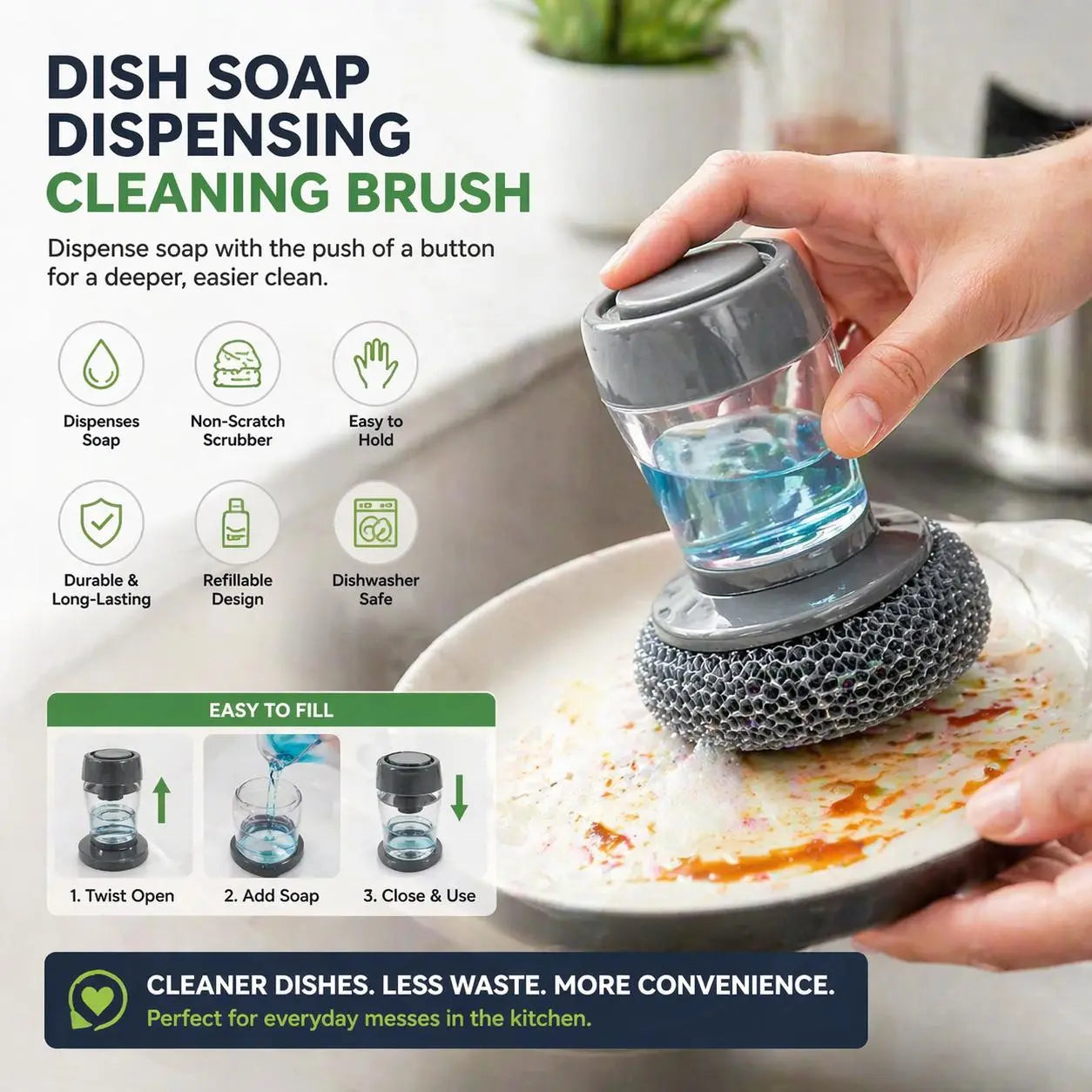 Plastic Auto-Dispense Dish Brush - Multifunctional Pot Scrubber🧼