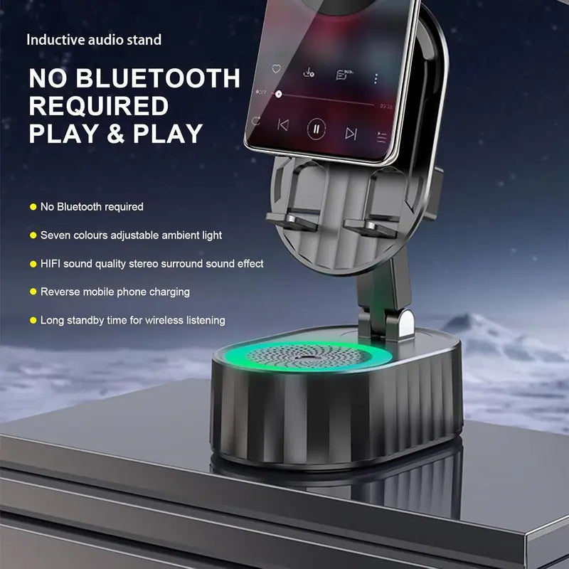 5-in-1 Wireless Induction Speaker Phone Stand – No Bluetooth Needed, LED Lights & Phone Charging