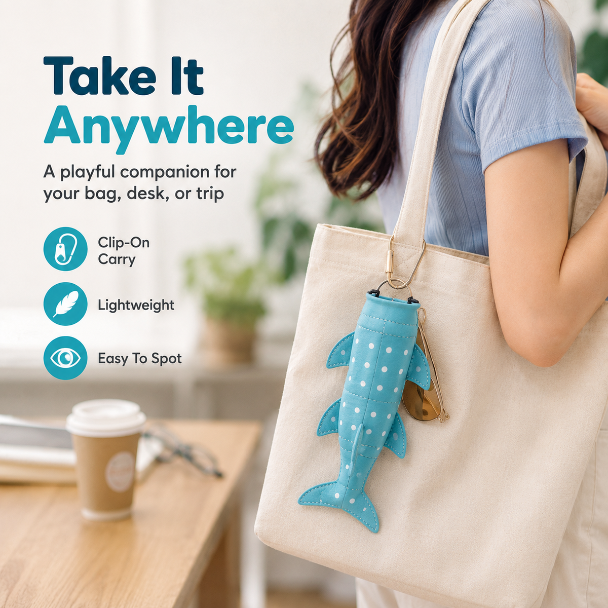 Shark glasses case clipped to a tote bag