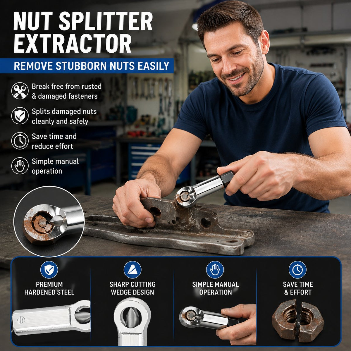 🔩 Manual Nut Splitter Extractor | Heavy‑Duty Steel Rusted Seized Nut Remover for Automotive & DIY Repair🛡️