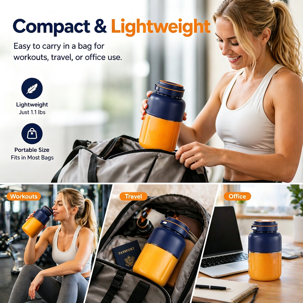 Portable blender being carried in a gym bag and used in everyday settings